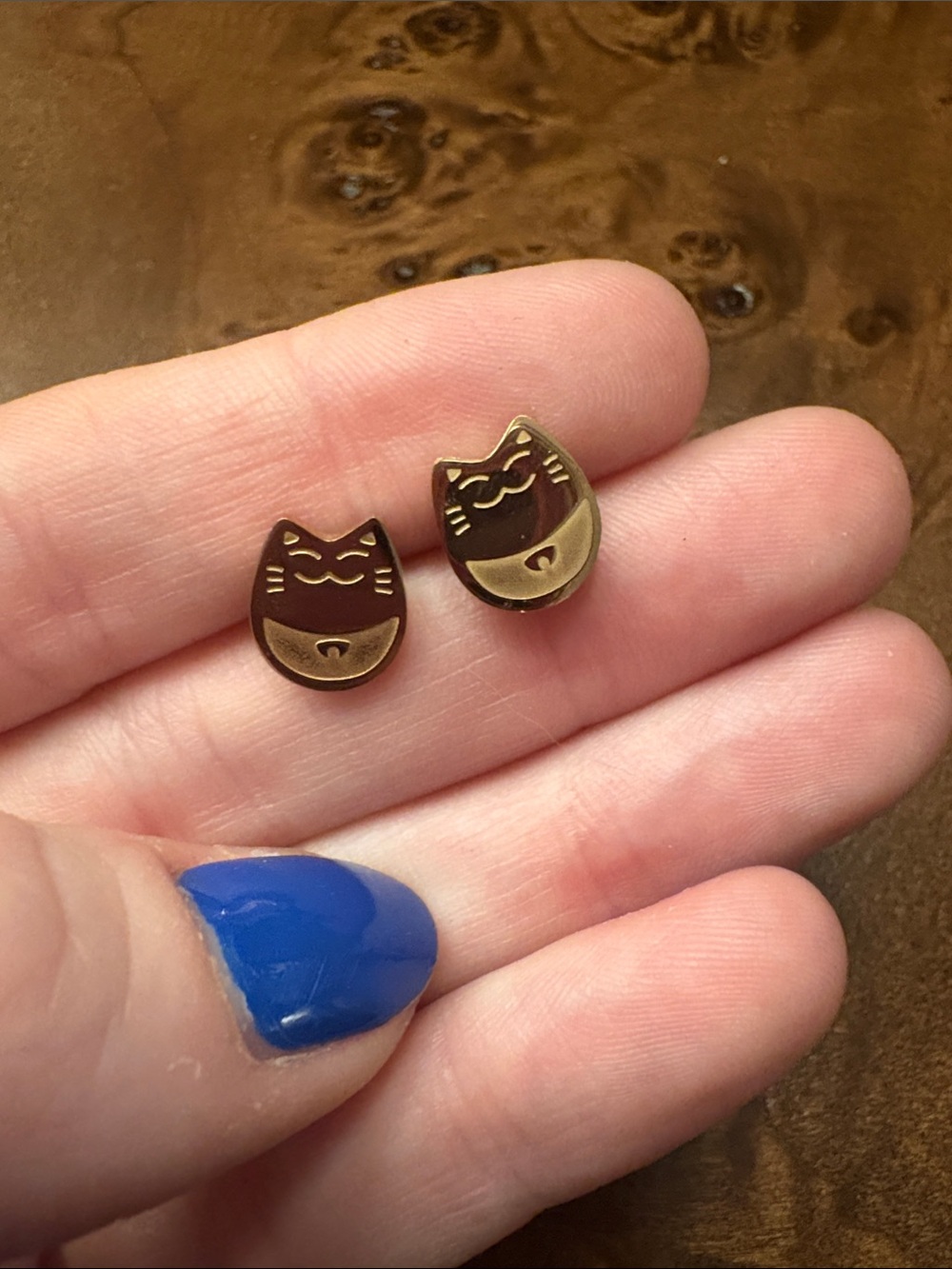 Brassy Gold Cat Face Enamel Stud Earrings